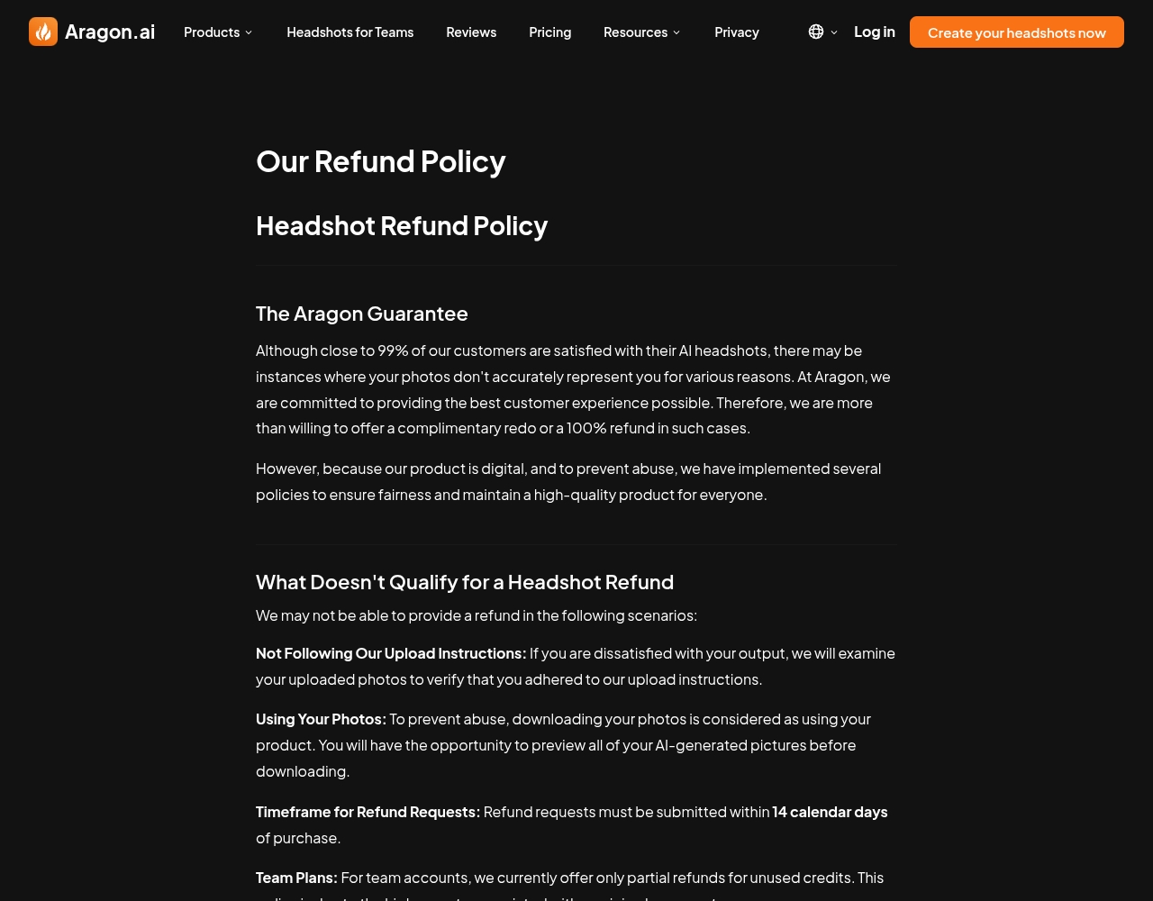 Aragon AI refund policy page stating that downloading your photos counts as using the product and that refund requests must be made within 14 calendar days