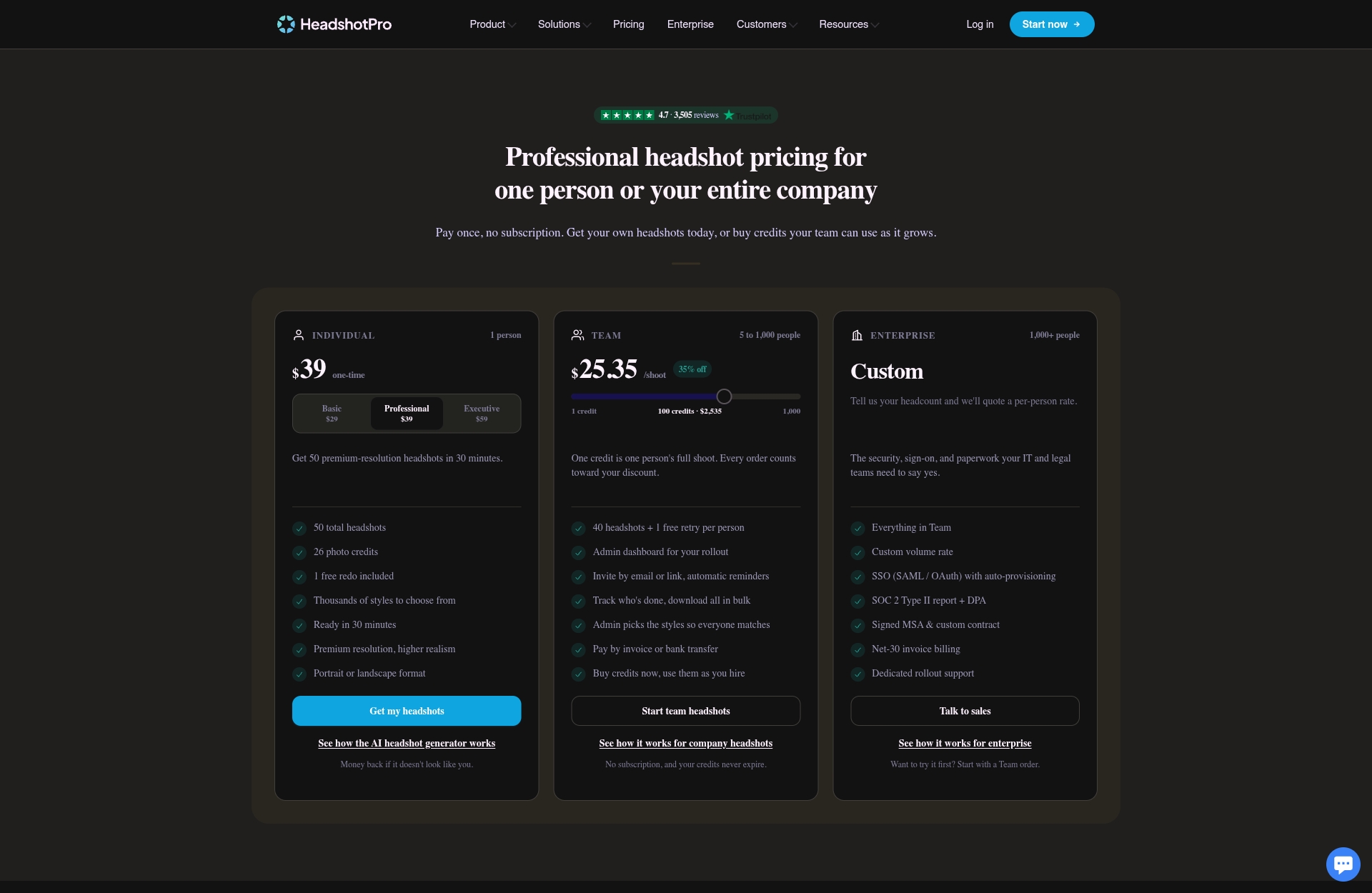 HeadshotPro pricing page showing one-time Individual packs, Basic $29, Professional $39 and Executive $59, under a 'Pay once, no subscription' heading