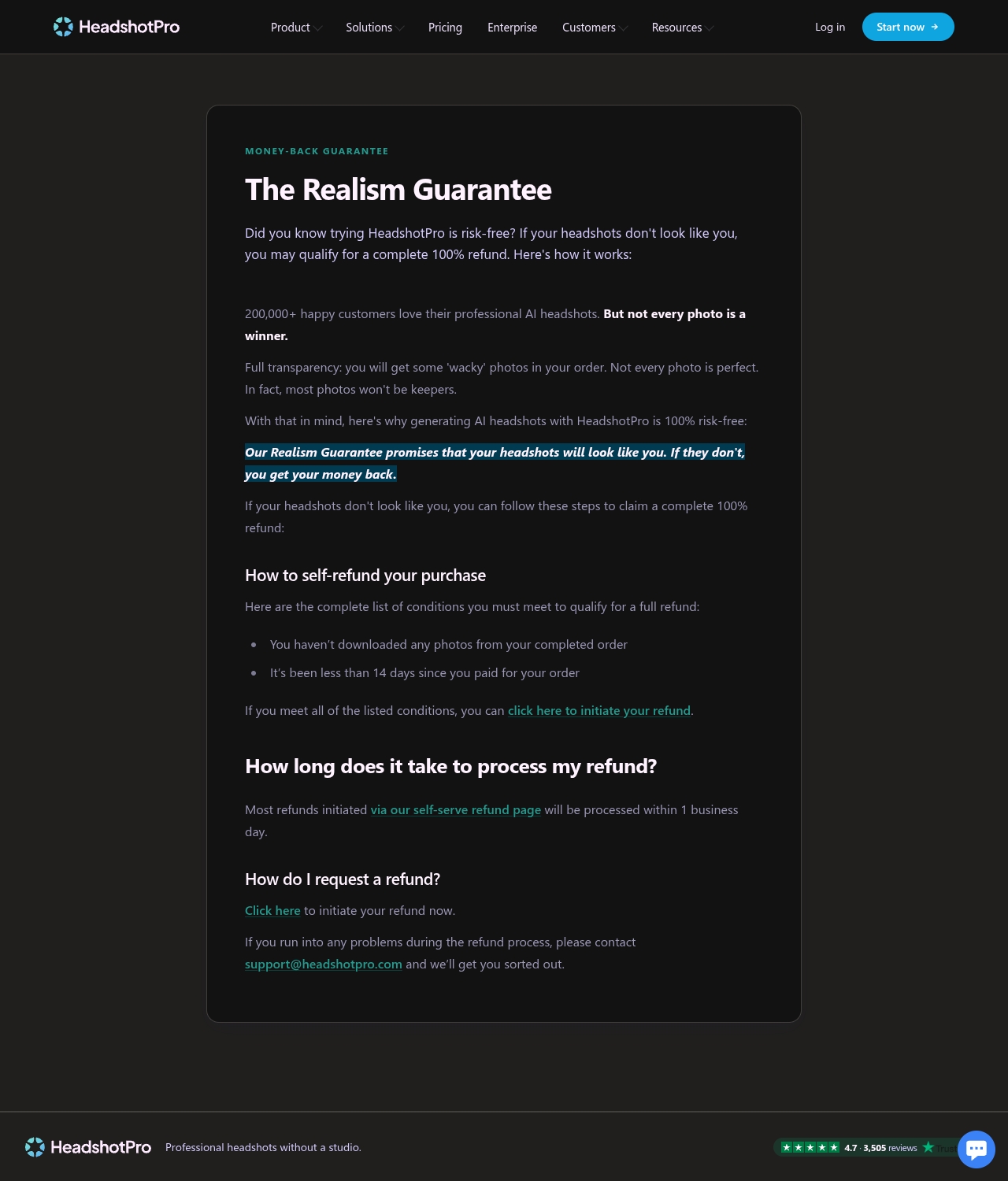 HeadshotPro refund page, the 'Realism' money-back section, stating a self-refund needs no downloaded photos and a request within 14 days, processed within one business day